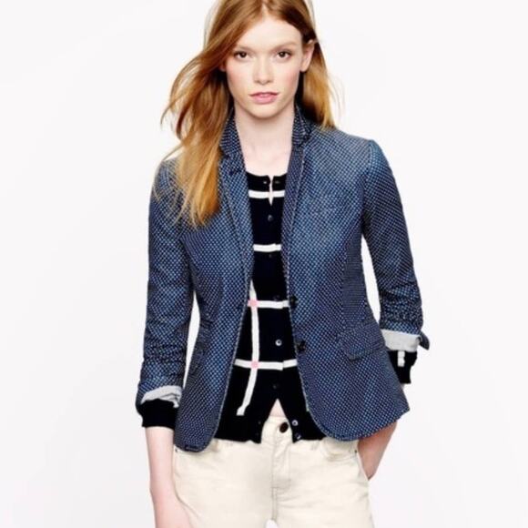 J. Crew Classic Schoolboy Blazer Jacket Fitted Tailored Indigo Blue Dot Cream 0 - Picture 1 of 13
